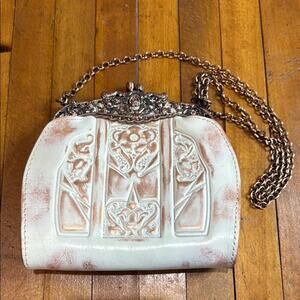 Patricia Nash Ivory Rosario Leather and Chain Tooled Purse 7.5x7.5x1"
